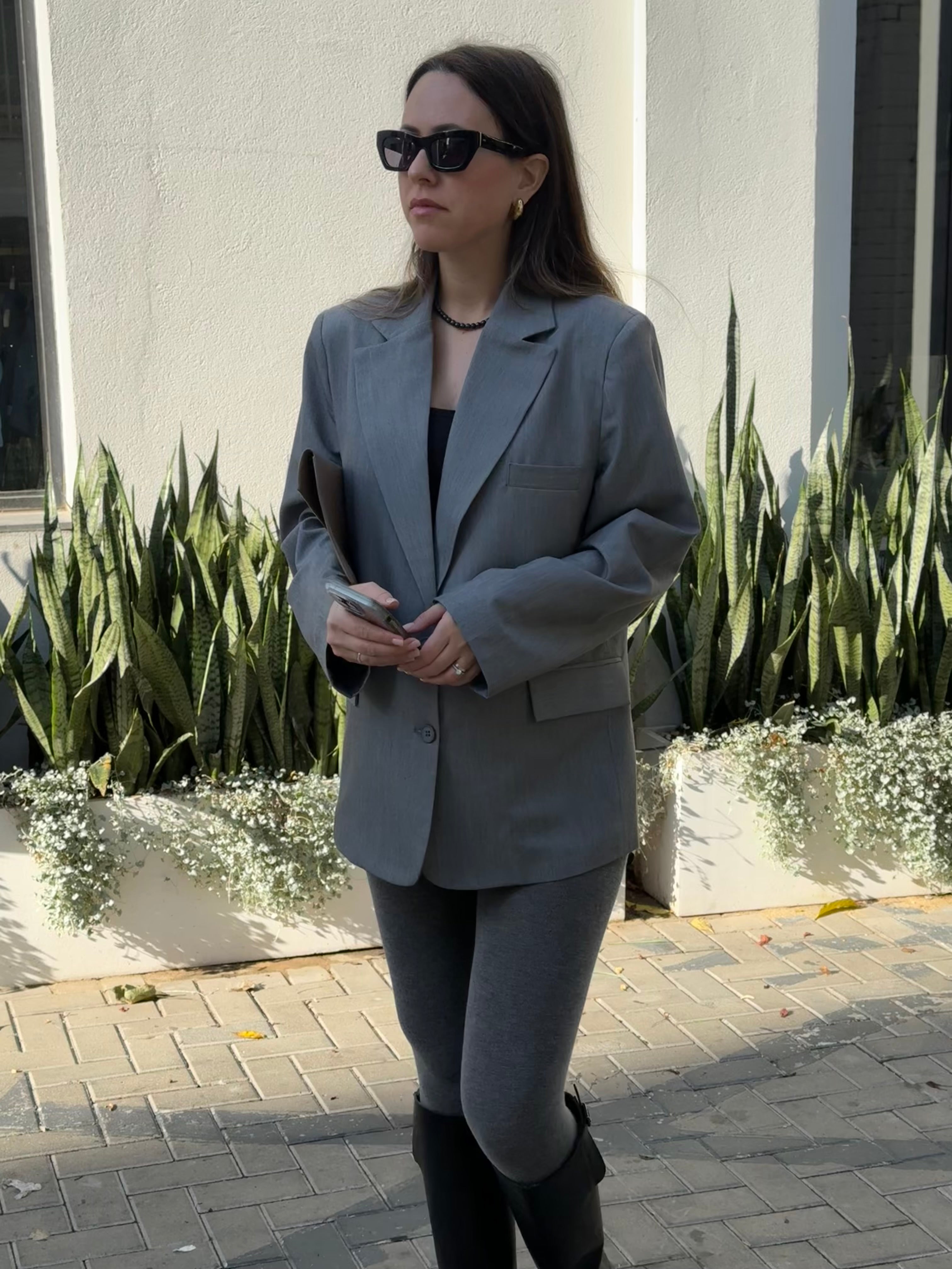 Gray blazer outside look